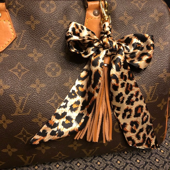 Purse scarf braided tassel clip bag charm leopard black gold  w/brown tassel - Picture 2 of 5